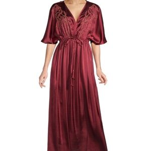 NWT World Market Mira Wine Red Satin Floral Embroidered Kaftan Dress